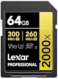 Lexar 64GB Professional 2000x SD Card, UHS-II, C10, U3, V90, Full HD, 8K, Up To 300MB/s Read SDXC Memory Card, for DSLR, Cinema-Quality Video Cameras (LSD2000064G-BNNNU)