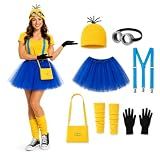 Tinyones 7 Pcs Halloween Costumes for Adults, Funny Adult Costumes for Women Yellow Blue Costume Set with Tutu Skirt, Beanie Hat, Goggles, Suspenders, Crossbody Bag, Leg Warmers and Gloves