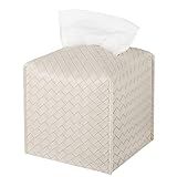 Tissue Box Cover PU Leather Tissue Holder Square Facial Tissue Case Facial Paper Organizer Dispenser for Bathroom, Vanity Countertop, Tabletop, Car, Griege