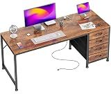 PRAISUN 55.1 Inch Computer Office Desk with Power Outelts and USB-C Port, Reversible Gaming Desk with 4 Fabric Drawers, Work Study Desk Work from Home, Rustic Brown