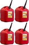 Midwest Can 5610 Safe-Flo Auto Shut Off 5 Gallon Gas Can – Durable Fuel Containers with FlameShield Safety System & Quick-Flow Spout - Red - 4 Pack