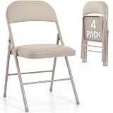 OLIXIS Padded Folding Chairs Set of 4, Portable Foldable Patio Dining Chairs, Heavy Duty Metal Frame, for Kitchen, Dining, Office, Wedding, Garden, Party, Outdoor, Indoor, Khaki
