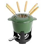 MegaChef Enameled Cast Iron Fondue Pot Set with 6 Serving Forks – Perfect for Chocolate, Cheese, and Snack Fondue, Vibrant Green Cookware