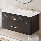 IDEALHOUSE Floating Bathroom Vanity with Sink 36 inch, Modern Bathroom Sink Cabinet, Ceramic Vanity Top, 2 Large Storage Drawers with Gold Metal Handle, Easy to Assembly, Black