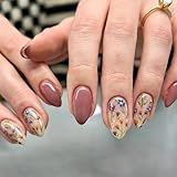 Short Press On Almond Fake Nails - Flower Acrylic Fall Nails Press Ons Full Cover Glue On Cute False Floral Stick On Nails for Women - 30 Pcs