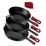 Cuisinel Cast Iron Skillet Set - 8" + 10" + 12"-Inch Pre-Seasoned Frying Pans + Silicone Handle Grip Covers - Indoor/Outdoor, Oven, Grill, Stove, BBQ, Fire, Induction Safe Kitchen and Camping Cookware