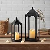 LETINE Vintage Lantern Set of 2 (12.67" & 16.41") with LED Candles - Multi-Size Black Decorative Indoor Outdoor Lanterns for Porch, Patio, Home Decor, Classic Candle Holder for All Season (NO Glass)