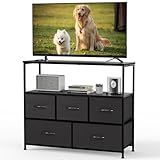 DUMOS TV Stand, Dresser with 5 Fabric Storage Drawers, Media Console Featuring Open Shelf for TV, Compact Entertainment Unit for Bedroom, Living Space, or Dorm Organization, Black