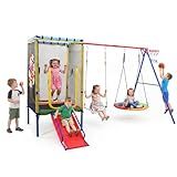 OLAKIDS Swing Sets for Backyard, 6 in 1 Outdoor 440LBS Heavy Duty A-Frame Metal Stand with Trampoline, Slide, Saucer Swing, Belt Swing, Dartboard, Basketball Hoop for Kids Family Fun