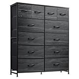 WLIVE Storage Organizer Unit with 12 Fabric Bins, Storage Drawers Organizer with Steel Frame, Tall Storage Tower Organizaton for Living Room, Hallway, Office, Charcoal Black Wood Grain Print
