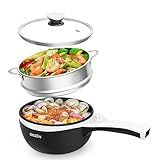 Dezin Hot Pot Electric with Steamer Upgraded, Non-Stick Sauté Pan, Rapid Noodles Electric Pot, 1.5L Mini Pot for Steak, Egg, Fried Rice, Ramen, Oatmeal, Soup with Power Adjustment