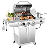 34,000 BTU 3-Burner Propane Gas Grill with Side Burner, All Stainless Steel BBQ Grill, Cast Iron Grates & Portable Cart with Wheels，Outdoor Barbecue Grill for Backyard, Patio, Camping (G31 PRO)