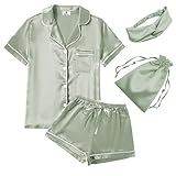 WJing Yi Jia 4Pcs Womens Satin Silky Pajama Sets Short Sleeve Shirt XS-4XL Floral Pajamas Set Soft PJ Loungewear Sleepwear