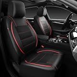 CAR PASS Universal FIT Piping Leather Two Front Seat Covers, Waterproof Faux Leather for SUV Sedan Van Truck, Airbag Compatible,Reserved Opening Holes for Headrest Covers. (Black red)