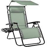 Best Choice Products Folding Zero Gravity Outdoor Recliner Patio Lounge Chair w/Adjustable Canopy Shade, Headrest, Side Accessory Tray, Textilene Mesh - Sage Green