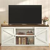 VASAGLE Farmhouse TV Stand for TVs up to 65 Inches, Entertainment Center with Storage Cabinets and Sliding Barn Doors, Media Console Table for Living Room, Rustic White and Honey Brown ULTV535W01
