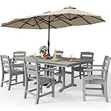 YITAHOME 8 Piece Patio Dining Set w/13 ft Double-Sided Patio Umbrella, HDPE Outdoor Dining Set w/71 Rectangular Patio Dining Table & 6 Dining Chairs, All Weather for Deck Lawn Porch,Gray
