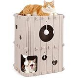 TOYSBOOM Cat House for Indoor Cats - 2-Story Enclosed Cat Bed Cave for Multiple & Large Cats, Felt Covered Pet Hideaway Tunnel Condo House, Kitty Hut Hideout Cube, Scratch Resistant, Beige