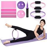 Tsikavo Pilates Ring, Pilates Ring Circle and Ball Set, 12 Inch Magic Circle Pilates Ring,9 Inch Small Exercise Ball,Resistance Bands Set, Home Pilates Equipment for Women (Pink & Purple Ring Circle)