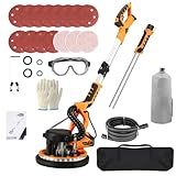 Drywall Sander - Popcorn Ceiling Removal Tool with Vacuum Dust Collector,Foldable,Variable Speed 800-1800RPM,Extendable Handle,LED Light,Sanding Discs,Yellow