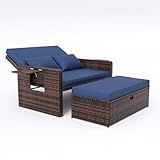 Amopatio Wicker Outdoor Daybed - Outdoor Loveseat with Storage Ottoman,4-Level Adjustable Backrest & Cushions, Patio Loveseat for Yard, Balcony, Porch, Garden, Poolside（Navy）
