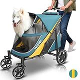 Petbobi Dog Stroller for Medium Dogs - Easy Fold Dual Entry Pet Stroller with One-Foot Brake, All Terrain Wagon Cart with Large Air Mesh, Ideal for Large Senior Pets up to 80 lbs, Green