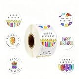 Hiiooweiyi Happy Birthday Stickers, Round, Waterproof, Self-Adhesive, Multicolor, Cartoon, 1.5" Round 500 Labels Per Roll Sticker, Perfect for Party Decoration and Gift Boxes