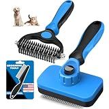 Professional 3PCS Self Cleaning Slicker Brush & Pet Grooming Rake & Flea Comb for Dogs,Cats and Horses | Double-Sided Dematting Comb & Skin Friendly Deshedding Grooming Tool | Pet Supplies (Blue)