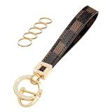 OHKYOOT Leather Wristlet Keychain for Home Car Keys (Brown Grid)