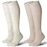 LEVSOX Cotton Compression Socks for Women&Men 20-30 mmHg Knee High Extra Thick Graduated Support Sock for Nurses, Pregnant Women, Travel and Flight, 2 Pairs, Grey, Beige