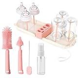 Portable Baby Bottle Brush Set - 7 in 1 Baby Bottle Cleaner Kit, Baby Travel Essential Bottle Washing Kit with Silicone Bottle Brush, Nipple Brush, Straw Brush, Drying Rack for Home and Travel (Pink)