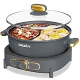 Dezin Hot Pot Electric with Divider, 6L Double-Flavor Shabu Shabu Pot, Dual Sided Removable Non-Stick Hotpot Pot Electric, 3" Depth Chinese Hot Pot with Multi-Power Control, 2 Silicone Ladles Included