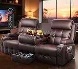 3-Seater Loveseat Recliner Sofa, Home Theater Seating Reclining Couch with Flip Middle Backrest, RV Wall Hugger Sleeper Sofa with Massage, Dawer & Cup Holders, 150° Recline for RV & Living Room