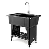 VINGLI 20-Gallon Utility Sink Laundry Tub for Washing Room, Freestanding Utility Sink with Stainless Steel Faucet, (Black, 32.3"W x 22.4" D x 49.6"H (Faucet included))