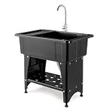 VINGLI 20-Gallon Utility Sink Laundry Tub for Washing Room, Freestanding Utility Sink with Stainless Steel Faucet, Black, 32W x 22 D x 36"H Black