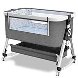 whiffee 3 in 1 Baby Bassinet,Bedside Sleeper with Storage Basket and Wheels,Portable Baby Crib with Mosquito Net, 6 Adjustable Height & Breathable Mesh,Easy to Fold (White&Grey)