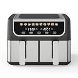 NEWBULIG Dual Air Fryer with 2 Baskets 9.5 QT, 10 in 1 Large Air Fryers with Ceramic Crisper Plate, Match Cook, Sync Finish, Shake Reminder, 80-450°F Wide Temp, Roast, Defrost, Dehydrate, Bake, Black