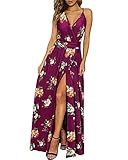 Newshows Women's Summer 2025 Dress V Neck Spaghetti Strap Beach Outfits Casual Floral Split Long Maxi Dress for Spring Wedding Guests(Red Floral Orange, Medium)