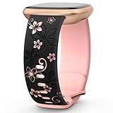 OHOTLOVE Floral Engraved Bands Compatible for Fitbit Sense Bands/Fitbit Versa 3 Bands Women/Fitbit Versa 4 Bands/Sense 2 Bands,Soft Cute Two-Tone Flower Sport Watch Strap Replacement Wristbands.A