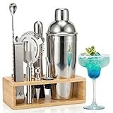 Mixology Bartender Kit with Stand – Stainless Steel Mixed Drink Shaker Set with 10 Accessories, Easy to Clean Bar Tool Set | Wooden Organizer for Home Bar Setup, Great Gift for Cocktail Enthusiasts