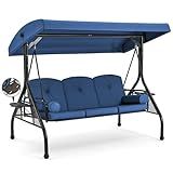 HOMREST 3 Seat Outdoor Porch Swing with Adjustable Canopy, Convertible Patio Swing Bed with Stand, Patio Glider Swing with Upgraded Cup Holder, Thicken Cushions ＆ Pillow for Backyard(Blue)