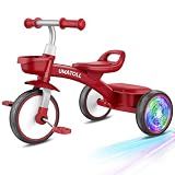 Umatoll Toddler Tricycle for 18 Month to 4 Year Old Boys Girls,Toddler Bike Toys with Adjustable Seat&Light-Up Wheels,Birthday Gift for Age 2-3 (Red)
