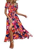 PRETTYGARDEN Women's Summer Wrap Maxi Dress Casual Boho Floral V Neck Short Sleeve Ruffle Hem Split Beach Long Dresses (Blue Orange Floral,Large)