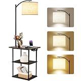 PESRAE Floor Lamp with Table, End Tables with Charging Station(USB & Type-C & AC Port), 3 Color Temperatures 9W LED Bulb, Modern Shelves Side Table for Bedroom, Living Room