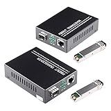A Pair of 1.25G/s Bidi Gigabit Single-Mode Fiber Ethernet Media Converter with 2PCS Bidi SFP LC Transceiver Module Included, 10/100/1000Base-Tx to 1000Base-SX SMF RJ45 to SFP Slot up to 30KM