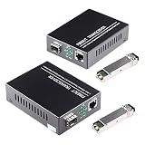 A Pair of 1.25G/s Bidi Gigabit Single-Mode Fiber Ethernet Media Converter with 2PCS Bidi SFP LC Transceiver Module Included, 10/100/1000Base-Tx to 1000Base-SX SMF RJ45 to SFP Slot up to 30KM
