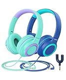 iClever 2Pack Kids Headphones with Sharing Splitter - 85dBA Safe Volume Limited - HS22 Wired Headphones for Kids Teens, Tangle-Free 3.5mm Jack Foldable Stereo for School/Tablet/Travel