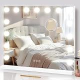 NUSVAN Vanity Mirror with Lights Lighted Makeup Mirror with 15 Dimmable LED Bulbs,3 Color Lighting Modes,USB Charging Port Touch Control,Sturdy Metal Frame Design 22.8x18 Inch,White