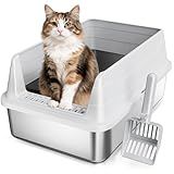 Stainless Steel Cat Litter Box, Odor Free Metal Litter Box with High Sides Lid, Open Top Low Entry Litter Pan Include Scoop Easy Cleaning Anti-Scratch Kitty Cat Box Anti-Urine Leakage, Non-Sticky, M