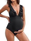 CUPSHE Women Swimsuit Maternity One Piece Bathing Suit Deep V Neck Ruffle Back Tie Ruching Adjustable Straps Swimwear Black M